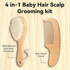 Goat Baby Hair Brush Set, Safe Natural Hair Care Kit with Wooden Soft Goat Bristles Brush Comb Pink Silicone Bath Brush for Newborns Toddlers (4pcs Set)