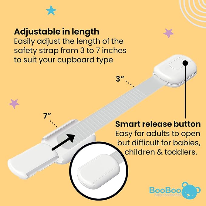 Booboo® (6 Pack) Premium Child Safety Cupboard Door Strap Locks | Baby Proof Your Cabinets with No Trapped Fingers | Extra Easy Installation, No Tools Needed