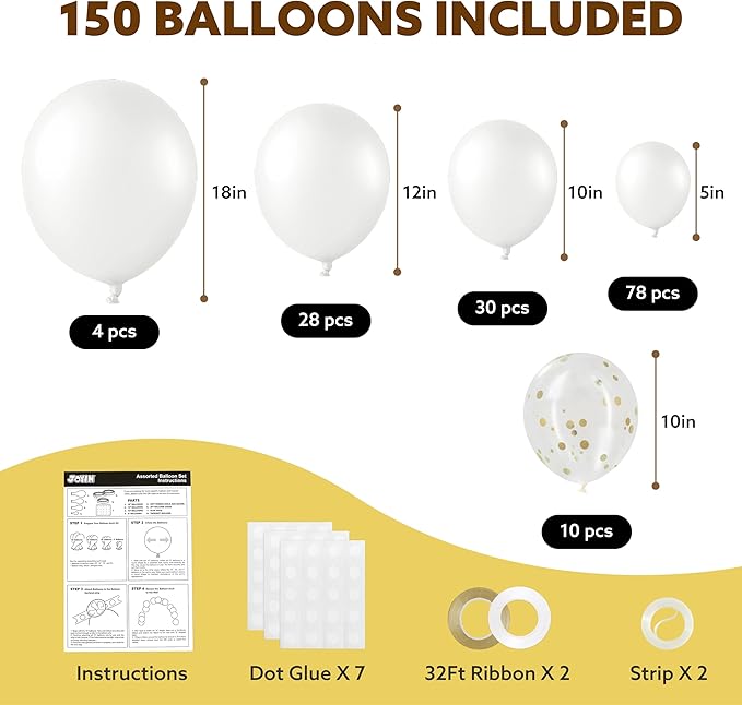 JOYIN 150 Pcs White Balloons, Different Sizes 18 12 10 5 Inch White Latex Balloon Arch Kit with Instruction for Birthday Decoration Party Graduation Wedding Holiday