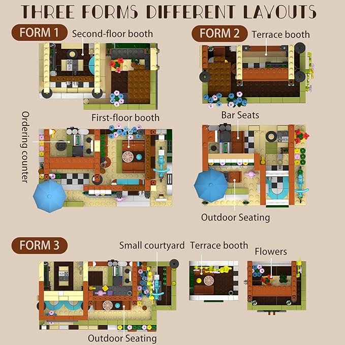 3 in 1 Coffee House Building Set with Light, 875 PCS City Cafe Shop Building Block Toy Architecture Construction Model for Adults Teens Kids Boys Girls Ages 8-12+