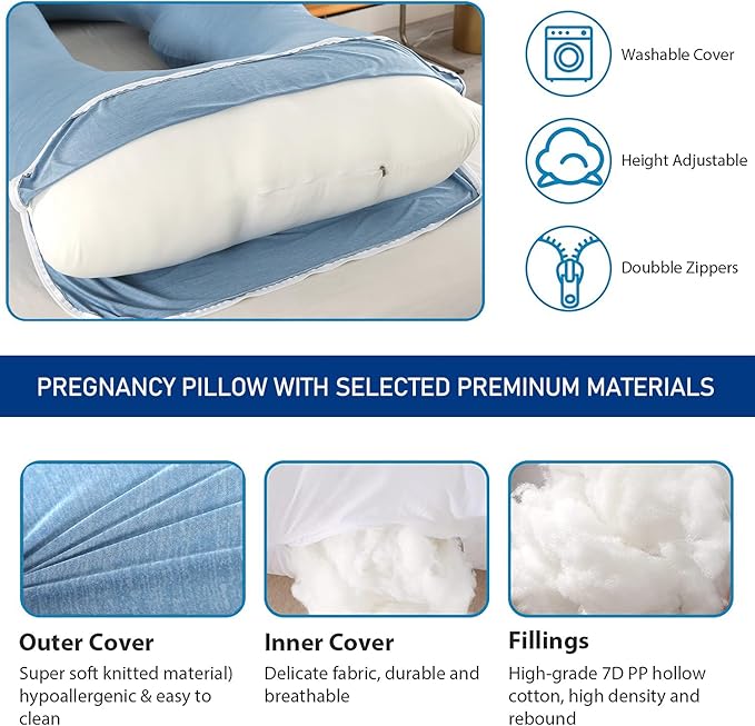 Pregnancy Pillows for Sleeping, U Shaped Full Body Maternity Pillow with Removable Cover, Support for Back, Legs, Belly, HIPS - Cooling Cover(Blue)