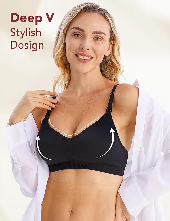 HOFISH Maternity Nursing Bras for Breastfeeding, 3 Pack Pregnancy Deep V Neck Wireless Bra with Extenders & Clips