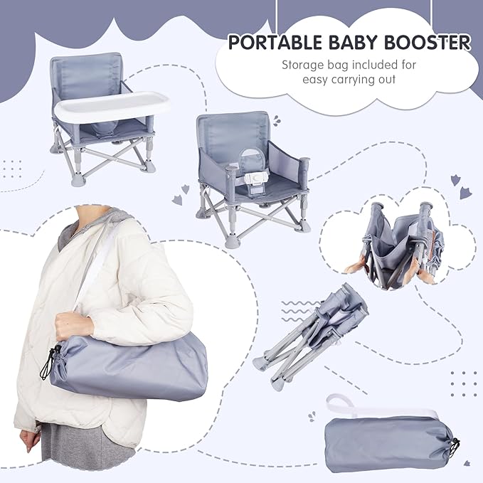 Portable Booster Seat, Toddler Baby Seat with Tray for Dining Table Compact Floor Chair for Camping Lawn Beach Babies Travel 6-36 Months