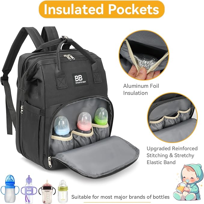 Diaper Bag Backpack with Changing Station – Large Waterproof Baby Bag for Moms & Dads, Pañaleras para Bebe, Multifunctional Diaper Backpack for Baby Girl, Travel Essentials (Black)