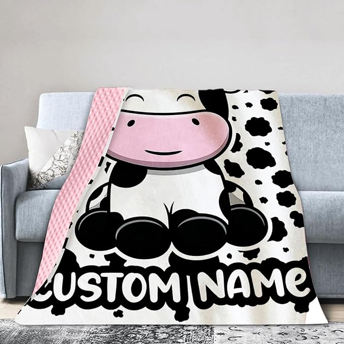 Personalized Baby Blankets for Girls, Custom Name White Cow Pattern Baby Blanket, Soft Minky Dot Blanket for Newborns and Toddlers, Ideal for Baby Showers Christmas Brithday Gifts
