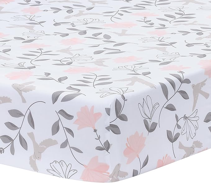 Lambs & Ivy Petals White/Pink/Gray Floral 100% Cotton Fitted Crib/Toddler Sheet