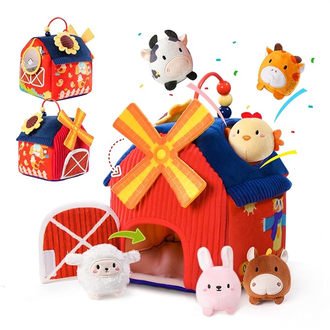 Baby Toys 6-12 Months, Montessori Sensory Toys, My First Farm House Toy with 6 Stuffed Animals,Rotating Windmill & Sunflower Crinkle, Rattle, Fun Mirror Fine Motor Skills Development,Baby Gift