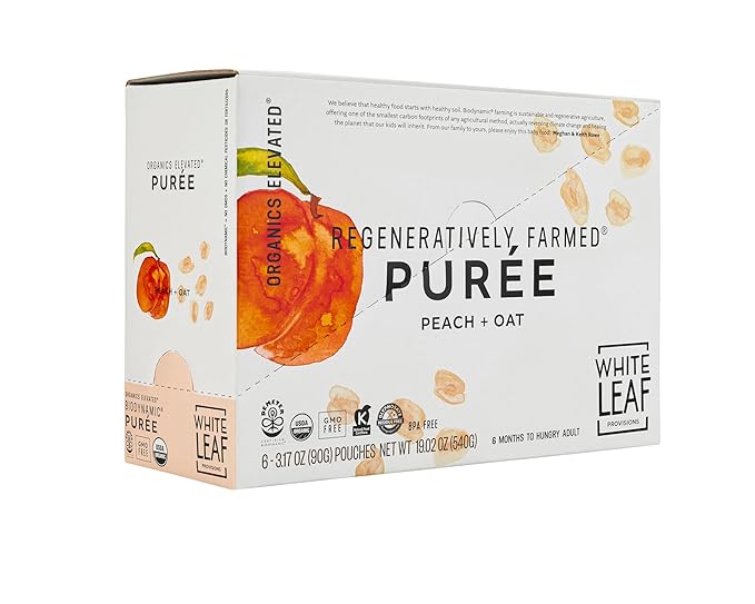 White Leaf Provisions Organic Purees/Baby Food Pouches - Fruits, Veggies & Grains, Toddler snack, Regeneratively Farmed, No Added Sugar, Non-GMO, BPA-Free Pouches 3.17 oz (Pack of 24, Peach + Oat)