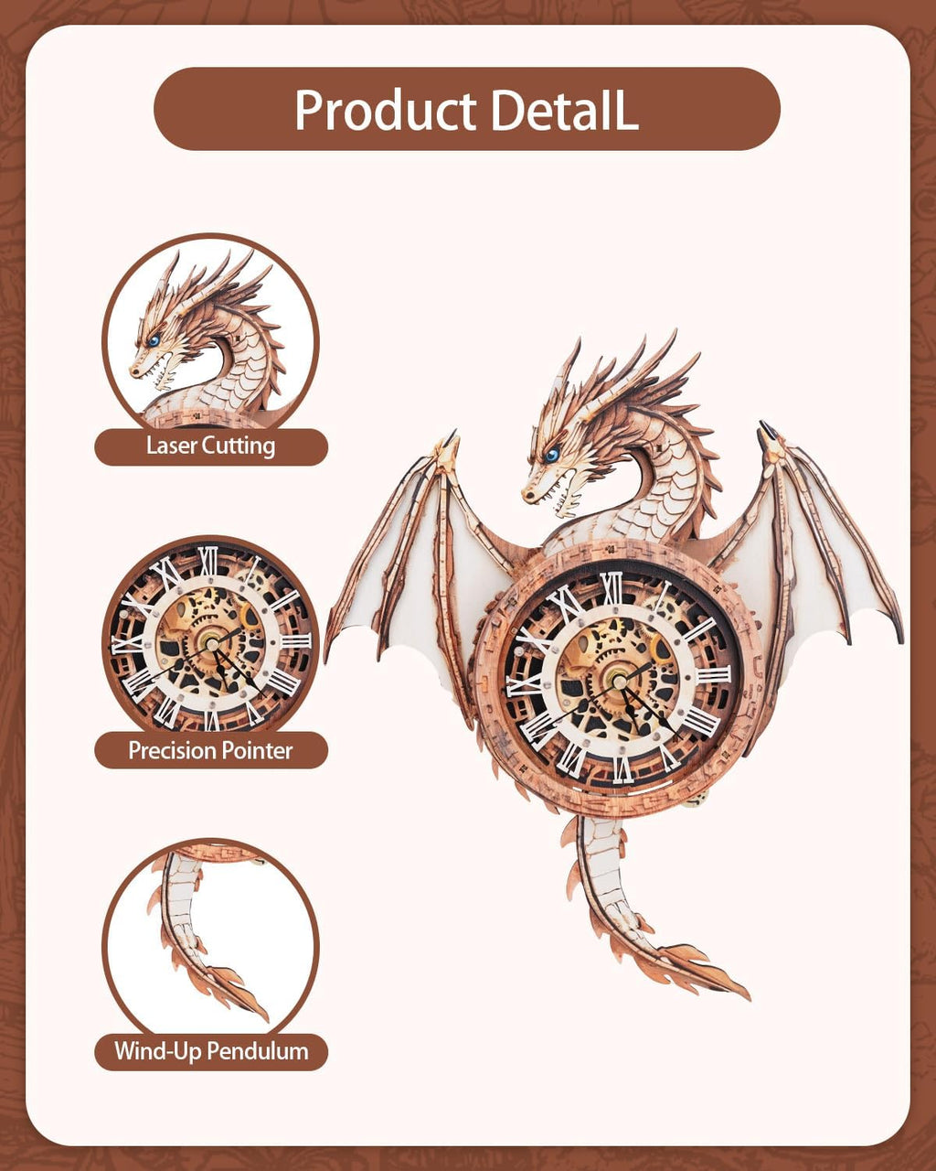 Rnfinewow 3D Wooden Puzzles for Adults, 3D Puzzles Dragon Clock Kit (with Pendulum), Beginners Wooden Puzzle for Adults Teens Home Wall Decor Clock Gifts for Men Women