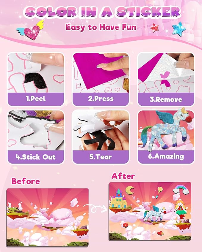Baobrava Foil Art Fun Kit for Kids - DIY Toy Unicorn Princess Foil Art Craft Activity for Kids, Foam Stickers Fun Craft Kits & Supplies, Creative Christmas Birthday Gifts Travel Toys for 4 and Up