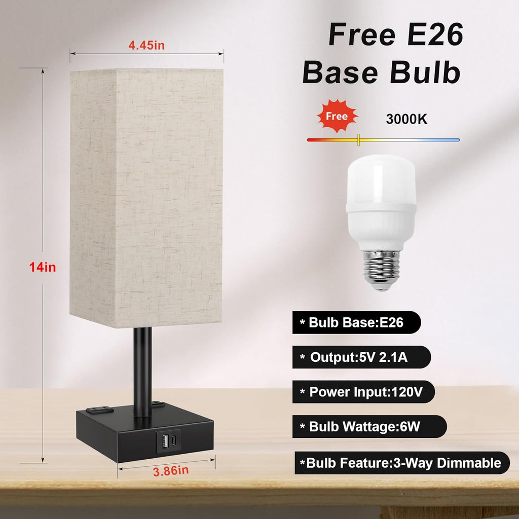 Touch Bedside Table Lamp for Nightstand - 3-Way Dimmable Night Lamp with USB A + Type C Charging Ports and Two AC Outlets, Small Desk Light with E26 LED Bulb for Bedroom Living Room Dorm, Beige