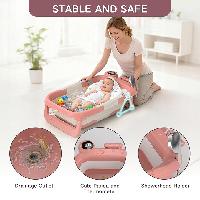 Collapsible Baby Bathtub for Newborn to Toddler (0-24 Months), Portable Baby Bath Tub for Travel, Newborn Bathtub with Soft and Supportive Cushion (Astronaut-Pink)