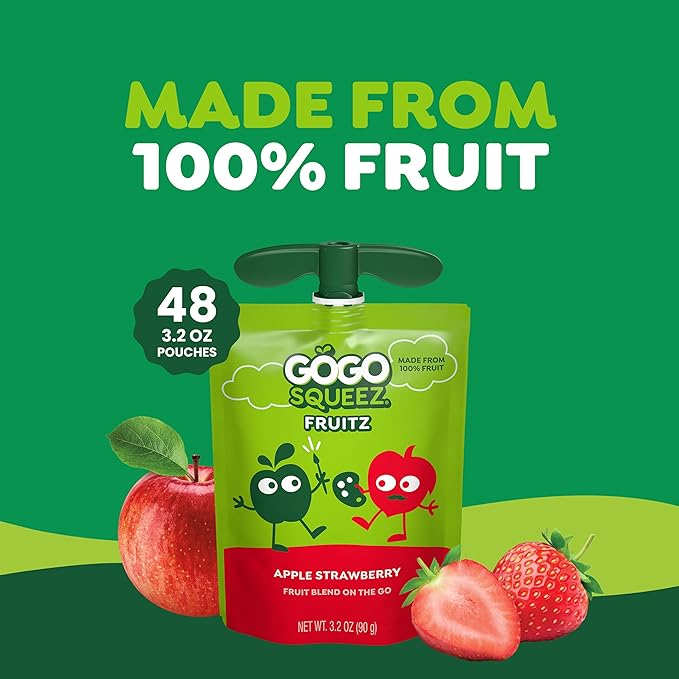 GoGo squeeZ Applesauce and Fruit Puree, Apple Strawberry, 3.2 oz (Pack of 48), Unsweetened Fruit Snacks for Kids, Gluten Free, Nut Free, Recloseable Cap, BPA Free Pouches (Packaging May Vary)