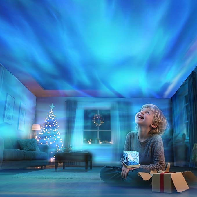 VoMii Northern Lights Projector,16 Colors Luminorthe Cube Lamp with Dynamic Wave Effect,Aurora Glow Lamp Ambient Lighting with Remote for Bed Room Classroom Decor