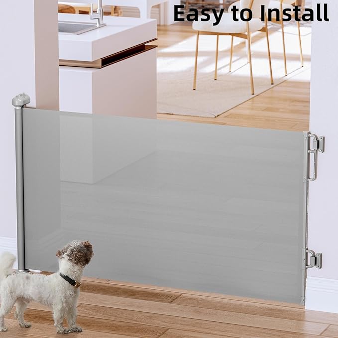 Cumbor 2-Pack Retractable Baby Gates for Stairs, 55" Wide Soft Mesh Pet Gate for Dogs with One Hand Opening, 34" Tall Toddler Gate with Top Lock for Bedroom, Doorways, Indoor/Outdoor, Gray