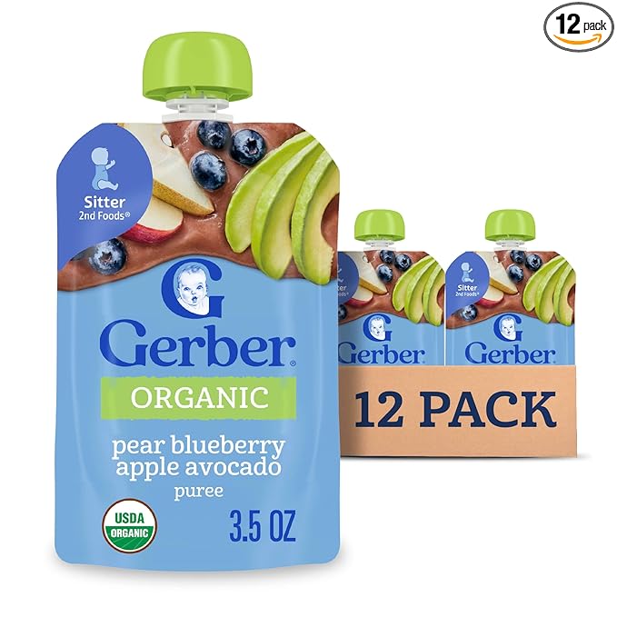 Gerber Stage 2 Baby Food, Organic Pear Blueberry Apple Avocado Puree Pouch, Organic Baby Food Pouches, No Added Sweetener, No Artificial Colors or Flavors, 12-Pack