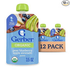 Gerber Stage 2 Baby Food, Organic Pear Blueberry Apple Avocado Puree Pouch, Organic Baby Food Pouches, No Added Sweetener, No Artificial Colors or Flavors, 12-Pack