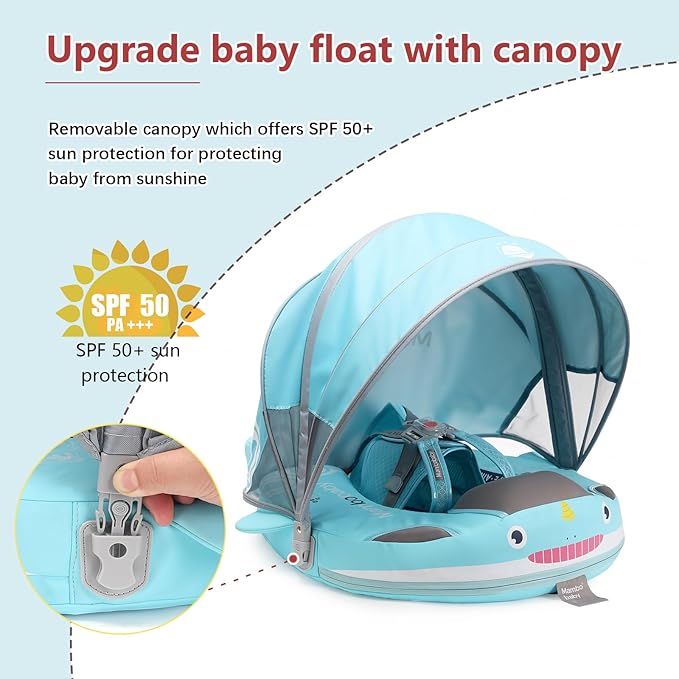 Baby Float with Canopy Non Inflatable Mambobaby Float Pool Floats, Sun Protection Baby Swimming Float Add Tail Avoid Flip Over Swim Trainer for Infants (Narwhal Green-G02NGCTLULNMA01G02)