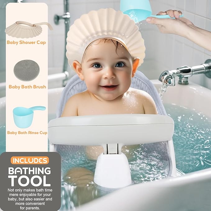 Swivel Baby Bath Seat, Openable Armrest and 360° Rotatable Baby Bath Seat for Babies 6 Months & up, Baby Bath Mat/Rinse Cup/Brush/Baby Shower Cap Included, White