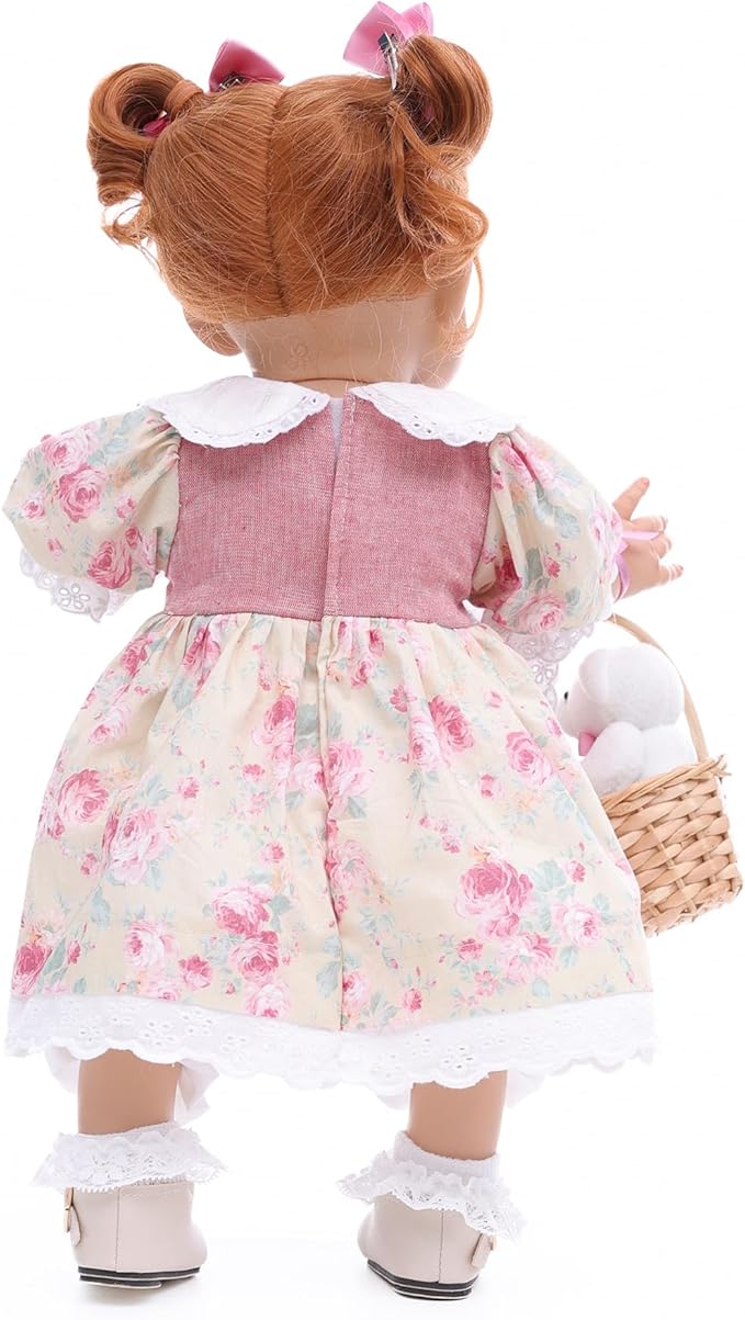 Baby Doll, 18 Inch Realistic Reborn Toddler Real Life Baby Dolls with Vintage Floral Dress, Little Bear & Woven Basket, Premium Collectible Doll Gifts for 3+ Year Old Girls