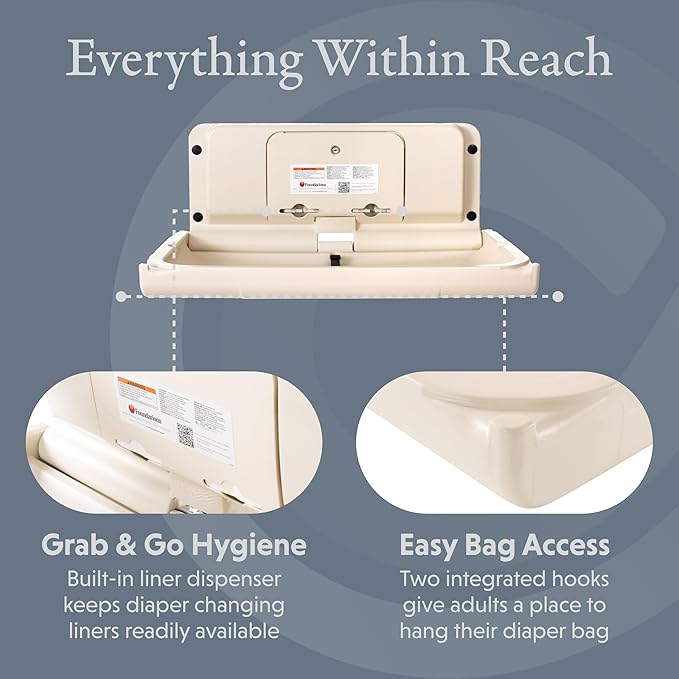Foundations Ultra Horizontal Wall Mounted Baby Diaper Changing Station, Oversized Changing Surface, Plastic w/Heavy Duty Stainless Steel Hinge - Cream (200-EH-08)