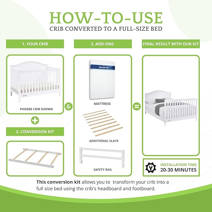 Full-Size Conversion Kit Bed Rails Compatible with Delta Children Convertible Cribs - Solid Wood Rail #0050 - Toddler and Adult Bed Rail for Full-Size Beds - Baby Furniture (Bianca White - 130)