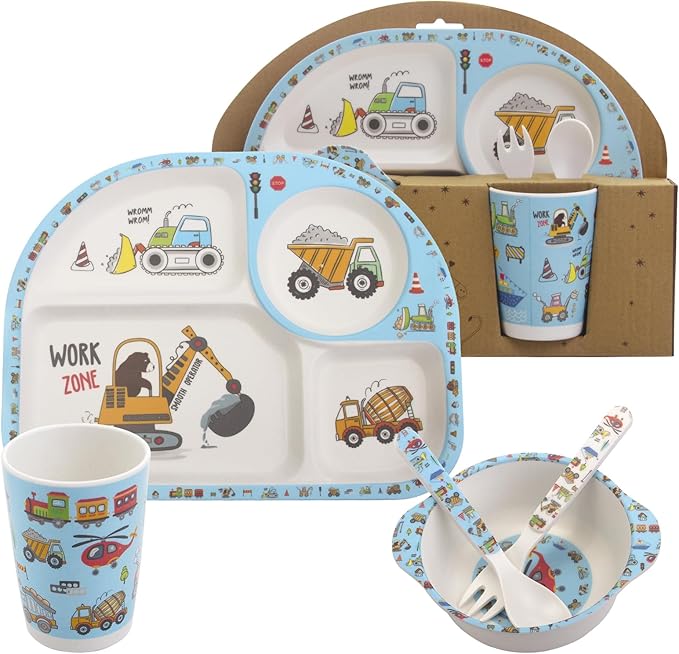 Kids Feeding Set 5 Pcs, Tableware Set for Toddlers Includes Plate Bowl Cup Fork and Spoon Utensil Flatware, Kids Flatware Set Dishwasher Safe, BPA Free (Construction)