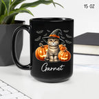 Personalized Name Scottish Fold Halloween Ceramic Mug, Custom Scottish Fold with Pumpkins Coffee Cup, Cat Wearing Witch Hat Cup Gift for Family Friend, Halloween Cat Pet Black Mug 11oz 15oz