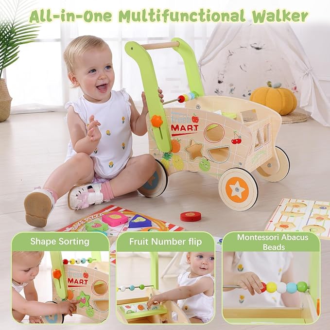 Wooden Baby Walker, Baby Push Walker for 1-3, Toddler Shopping Cart for Girl and Boy Shape Sorting Grocery Cart Push & Pull Toy Adjustable Height Kids Learning Walker Montessori Toys