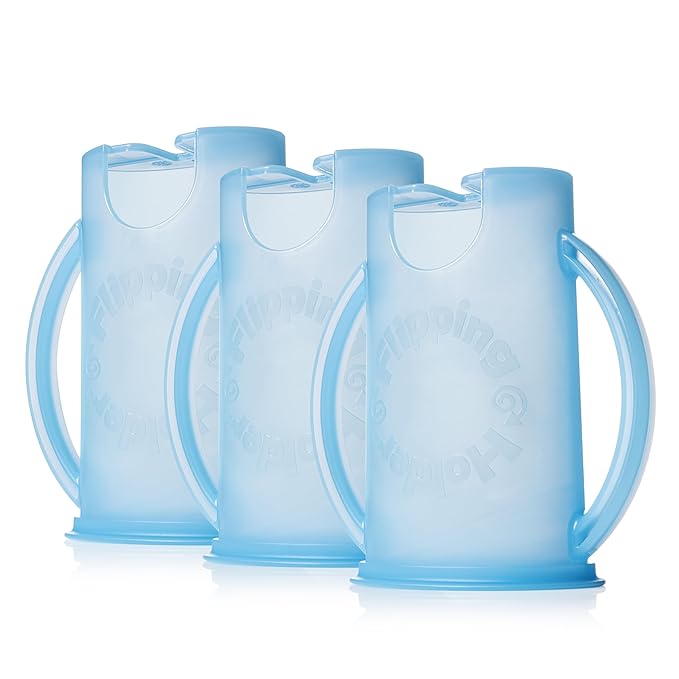 Flipping Holder Squeeze Proof Food Pouch Holder for Toddlers, Babies, Kids, Mess Free No Squeeze Juice Box Drink Holder with Easy Grip Handles and Lid - Made in USA (Blue 3 Pack)