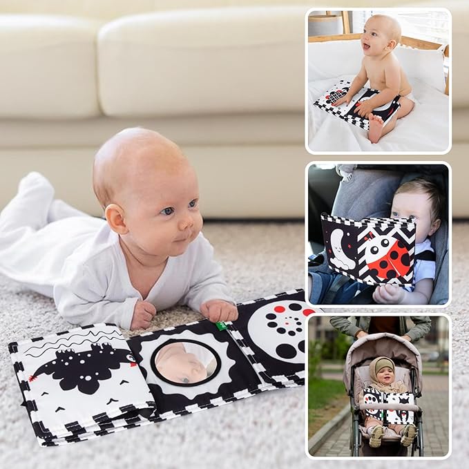Cawgug Black and White High Contrast Baby Toys for Newborn Brain Development Tummy Time Soft Book Babies 0-3 6-12 Months Montessori Learning Activities Infant and Sensory Visual Stimulation Toys