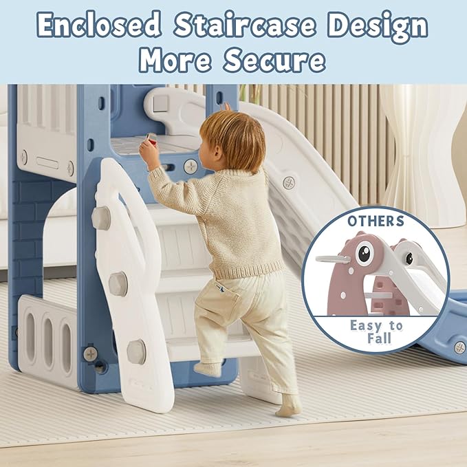 XJD 5 in 1 Toddler Slide, Kids Slide for Toddlers Age 1-3, Outdoor Indoor Playset for Toddlers with Basketball Hoop and Ball, Storage Space and Non-Slip Steps Telescope (Blue)