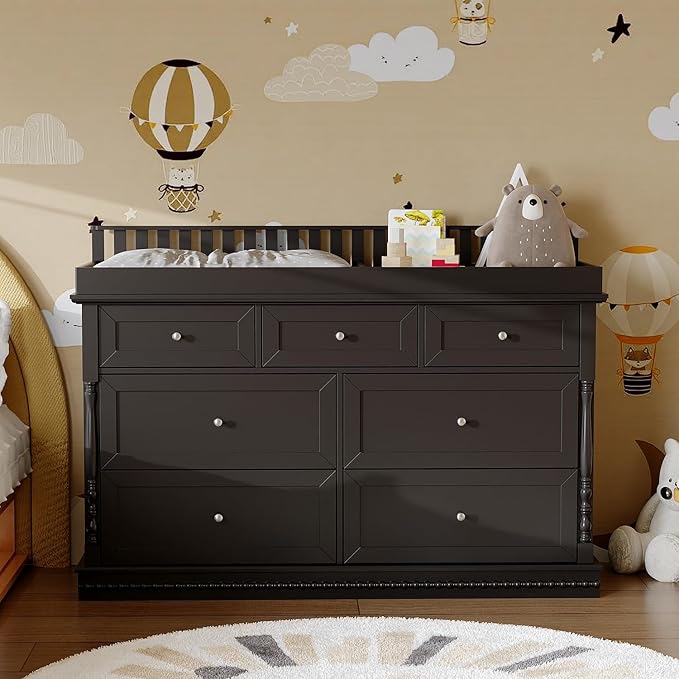 Baby Dresser with Changing Table Top, Black Dresser for Nursery with 7 Storage Drawers, Multi-Functional Baby Changing Table, Modern Diaper Nursery Dressers Station for Kids Bedroom