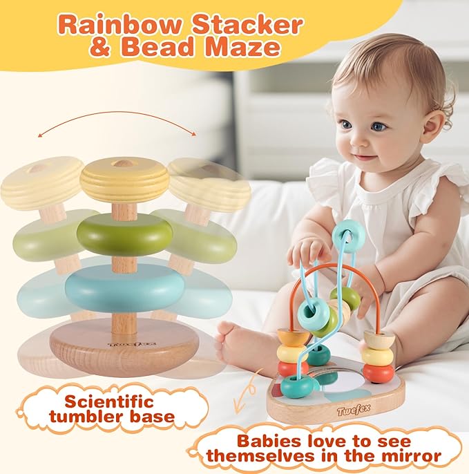 Wooden Montessori Learning Toys Kit,Babies Toys Set for 1 Year Old, Sensory and Thinking Play kit for Toddlers (Boys and Girls). 4 in 1 Drop Box; Rocking Stacker; Bead Maze.