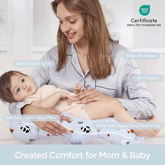 Little Grape Land Nursing Pillow for Breastfeeding, Breathable Breast Feeding Pillow and Positioner with Removable Cover for More Support, Tummy Time and Bottle Feeding Support Pillow, Blue Ranch