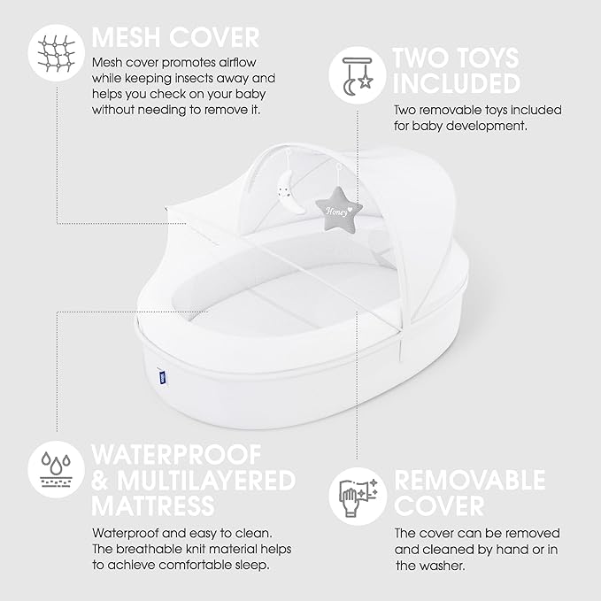 Premium Portable Baby Lounger Nest – Foldable Travel Bassinet for Newborn & Infant with Mesh Canopy, 2 Toys, Waterproof Mattress & Removable Cover – White