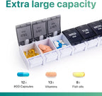 Sukuos AM PM Weekly 7 Day Pill Organizer, 2 Times A Day Pill Box with Arthritis Friendly Push Button, Medicine Cases for Vitamin/Fish Oil/Supplements, Easy to Clean (Black)