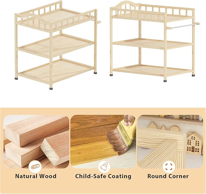 Infant Changing Table in Natural, Solid Wood Structure with Weight Capacity Up to 30LBS, Portable Changing Station for Baby Nursery, New Zealand Pinewood