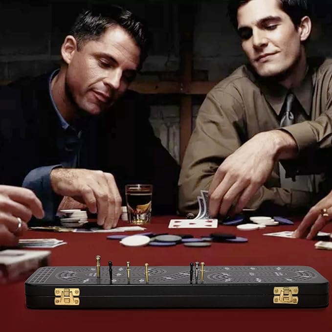 Cribbage Board Game Set 3 Tracks, 2 Storage Area, with 9 Metal Pegs,2 Decks of Playing Cards and Instruction, Wooden Travel Portable Cribbage Game Sets