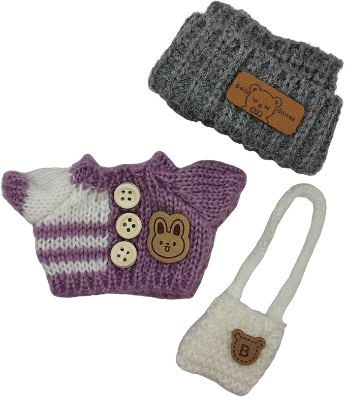 Handmade Crochet Doll Clothes ,Compatible with 5.91-6.7inch (15-17cm) Dolls as Accessories , Adorably Stylish Set for Dolls, Cute Doll Outfit with Accessories( Purple Sweater + Grey Hat +White Bag)