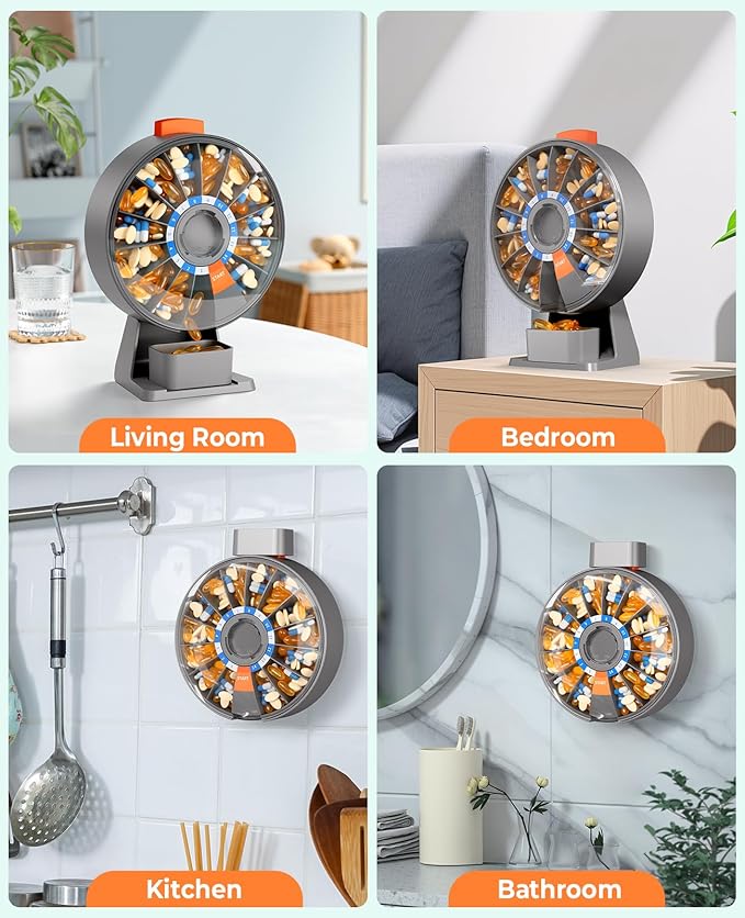 Daviky Pill Dispenser Daily, Large Pill Organizer with Wall-Mounted or Standing Use, 14 Days Pill Container, Push Button Design, Weekly Pill Box for Vitamin, Medicine,Supplement, Fish Oil(Gray)