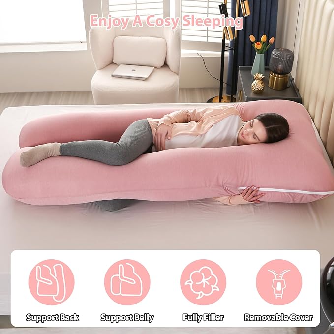 Amagoing Cooling Pregnancy Pillow for Sleeping, U Shaped Maternity Full Body Pillow for Women with Hip, Leg, Back Pain Support, Removable Cooling Cover Included (Pink)