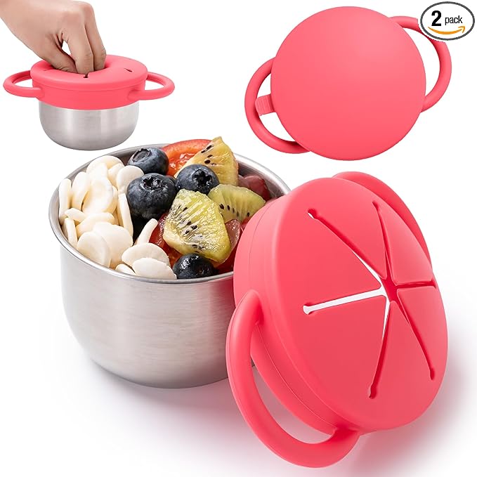 1 Pack Snack Containers for Toddlers, Stainless Steel Toddler Snack Cups with Silicone Food Catcher & Lids,Snack Cups for toddlers Spill Proof