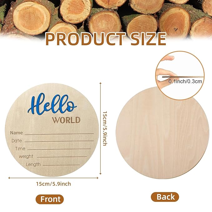 Baby Announcement Sign, 5.9 Inch Wooden Hello World Newborn Signs, Birth Announcement Sign, Baby Shower Hospital Nursery for Newborn Boys and Girls (Blue,Pen)