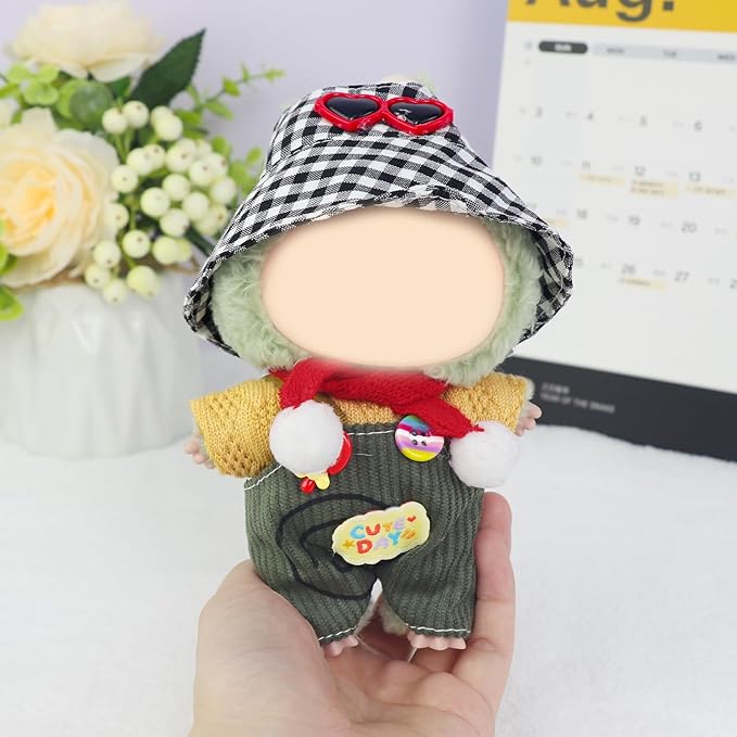 Doll Clothes Set for 17cm Dolls – Plaid Hat, Red Scarf, Yellow T-Shirt & Candy Bib Pants for 15 cm Mini Doll Stylish Outfits Accessories (No Doll & Shoes)