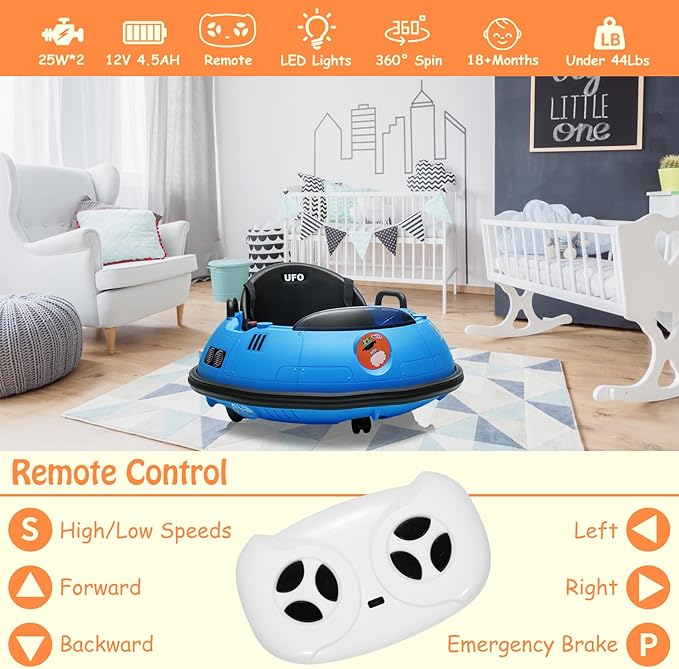 12V Electric Ride on Bumper Car for Toddlers, Kids Bumper Car with Remote Control, LED Lights & 360 Degree Spin, Indoor and Outdoor for 18+ Months Kids (Blue)