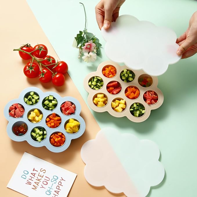 PandaEar 2 Pack Baby Food Freezer Tray with Lids, Silicone Baby Food Storage Container for Homemade Baby Food, Fruit, Purees and Breastmilk (Blue/Tan)