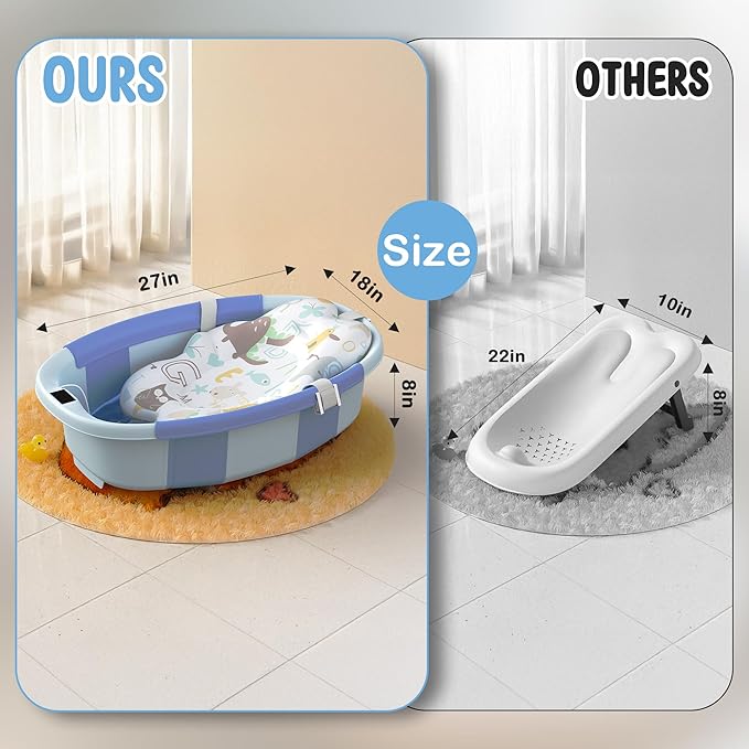 Collapsible Baby Bathtub, 3s to Install, Baby Bath Tub with Soft Cushion & Thermometer, 0-36 Months Newborn Bathtub,Portable Travel Baby Tub, Blue