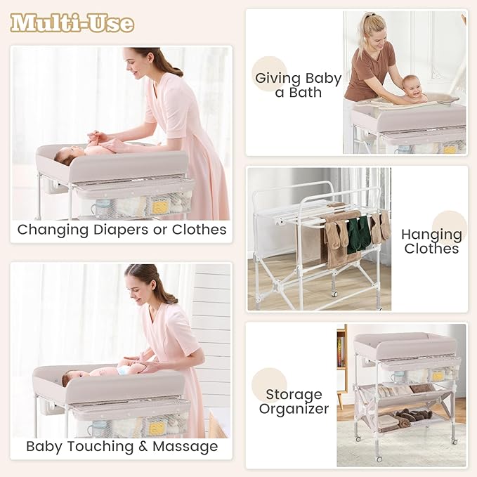 BABY JOY Portable Baby Changing Table, Foldable Waterproof Diaper Changing Station w/Wheels, Adjustable Height, Storage Basket, Shelves & Trash Bin, Mobile Nursery Organizer for Newborn Infant, Beige