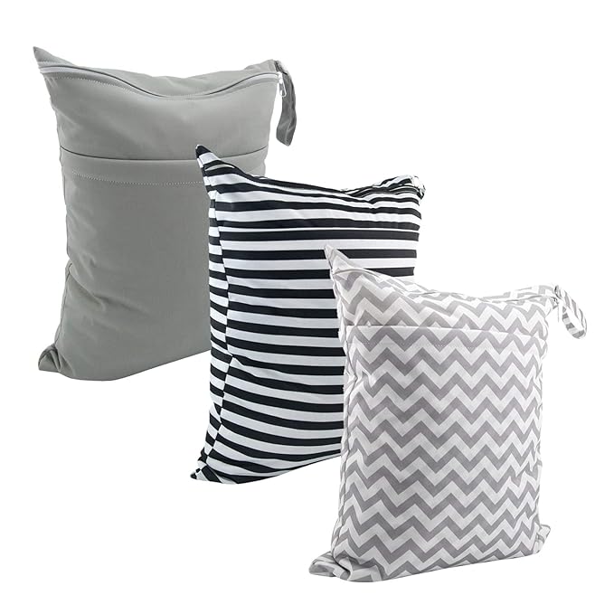 ALVABABY 3pcs Baby Cloth Diaper Wet Dry Bags Waterproof Reusable with Two Pockets Travel Beach Pool Daycare Soiled Baby Items Yoga Gym Bag for Swimsuits or Wet Clothes M Size 3L-ZM01